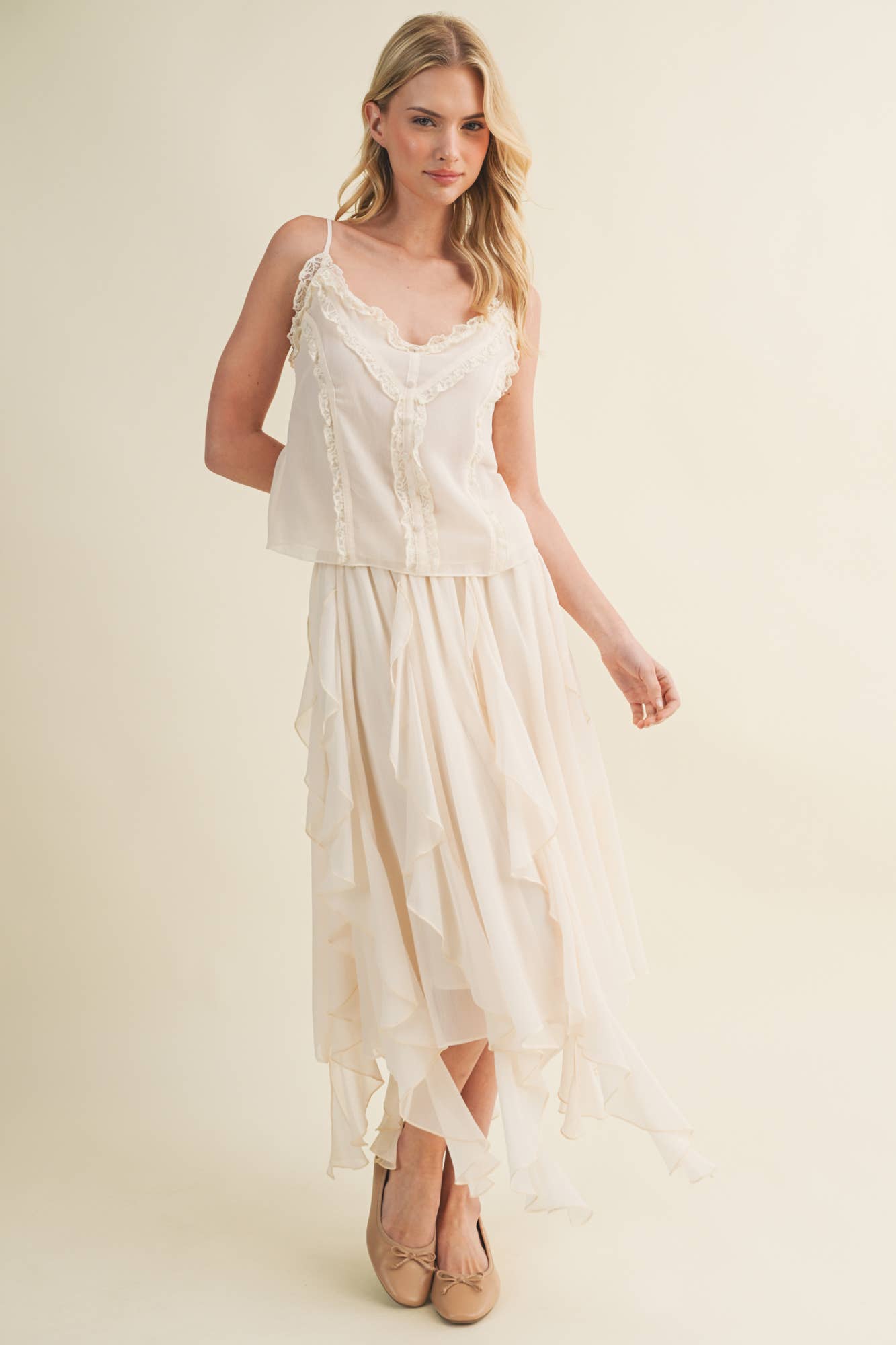 Sheer Ruffle Trim Button-Down Camisole