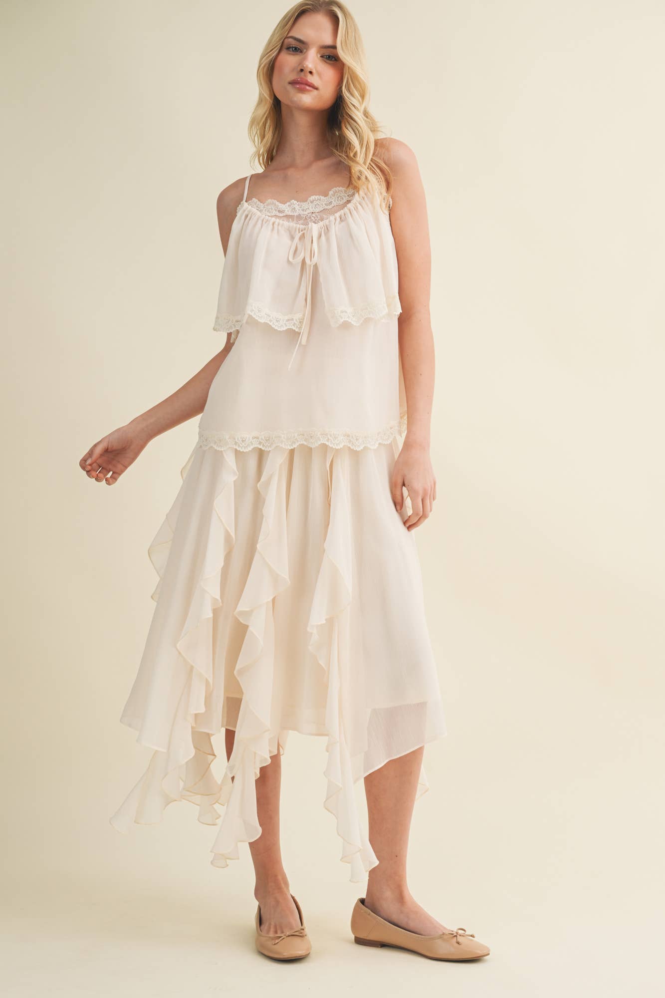 Asymmetrical Cascading Ruffle Midi Skirt