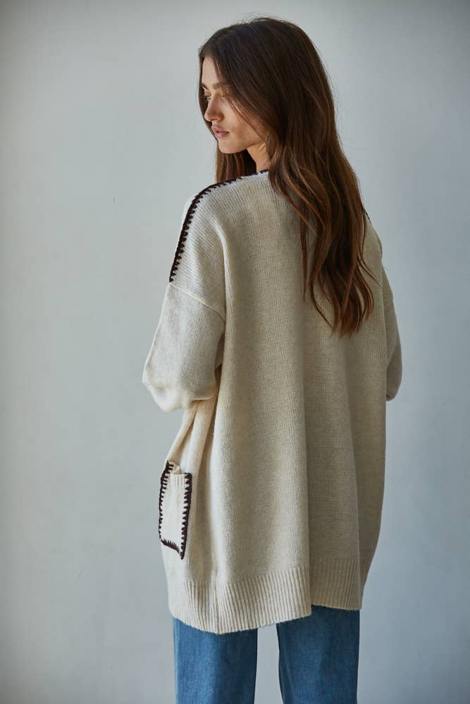 Contrast Stitch Open Cardigan