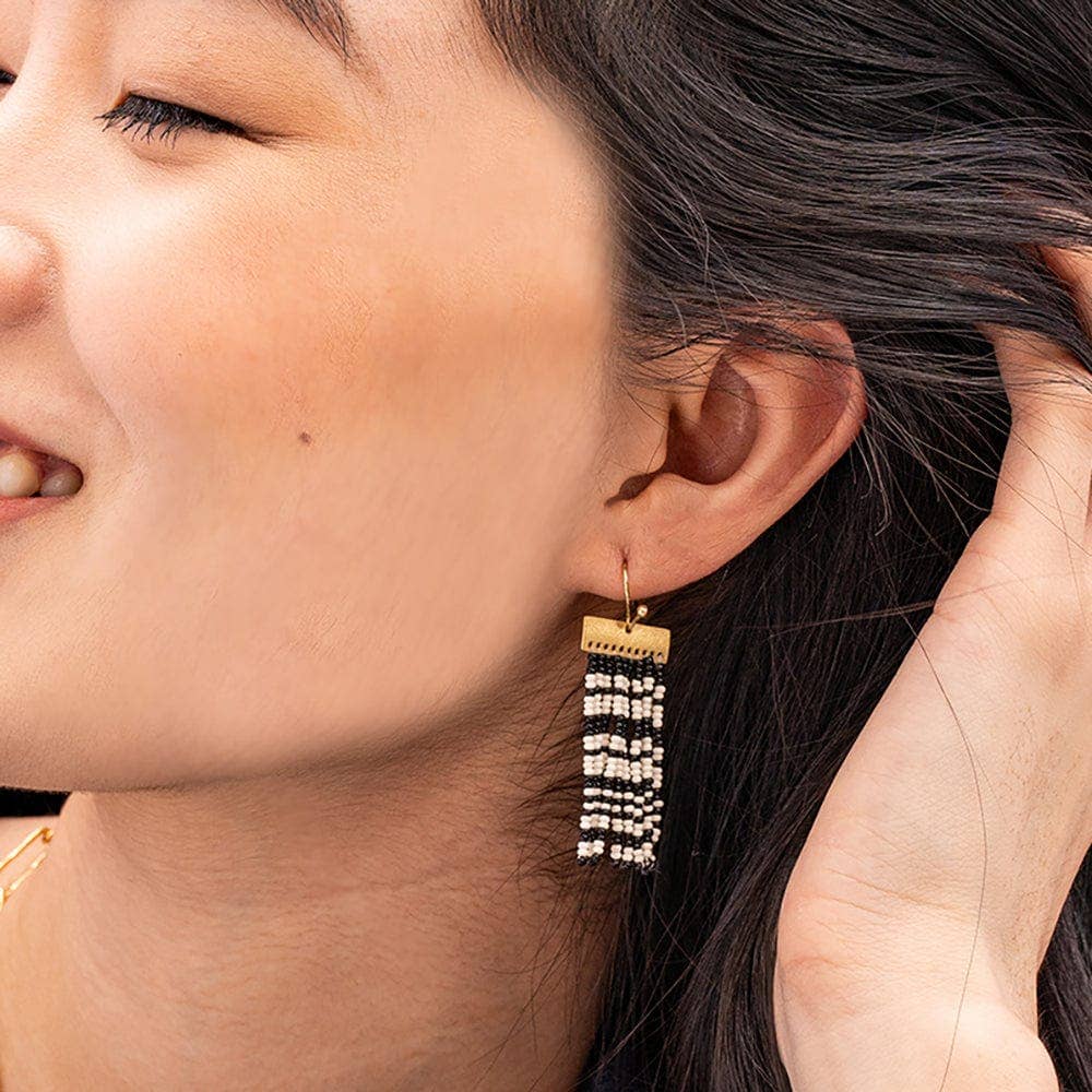 Scout Rectangle Hanger Mixed Horizontal Stripes Beaded Fringe Earrings