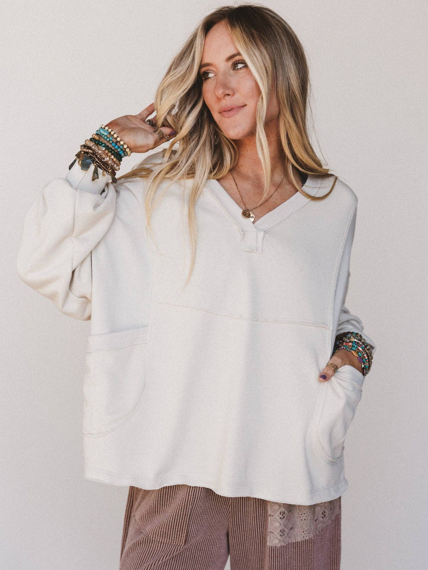 Karli Knit Pocket Top - Beige