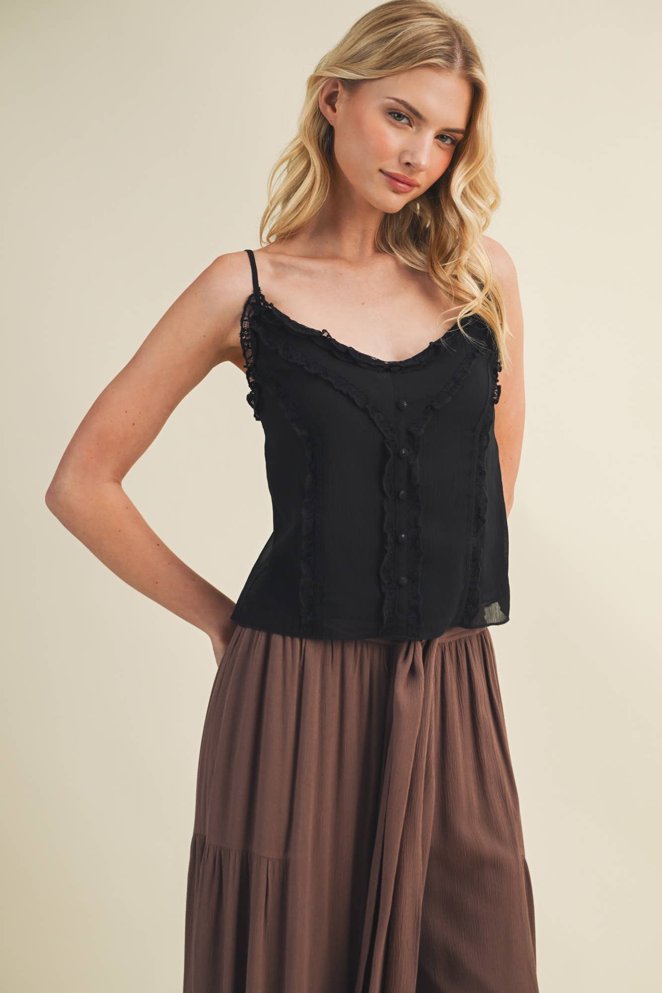 Sheer Ruffle Trim Button-Down Camisole