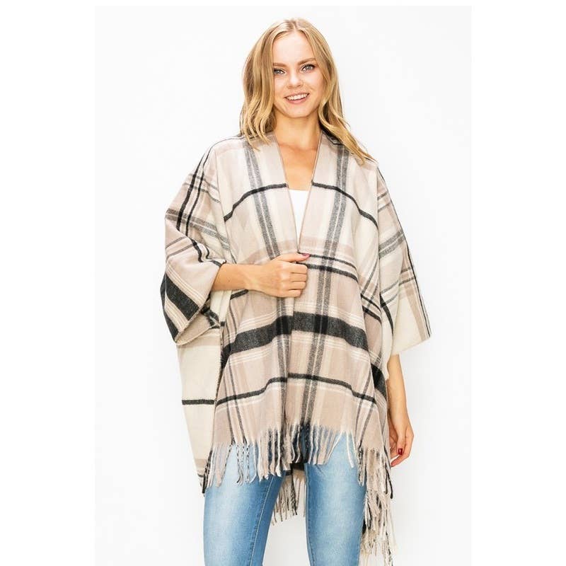 Fringe Trim Multi Color Oversized Fashion Poncho