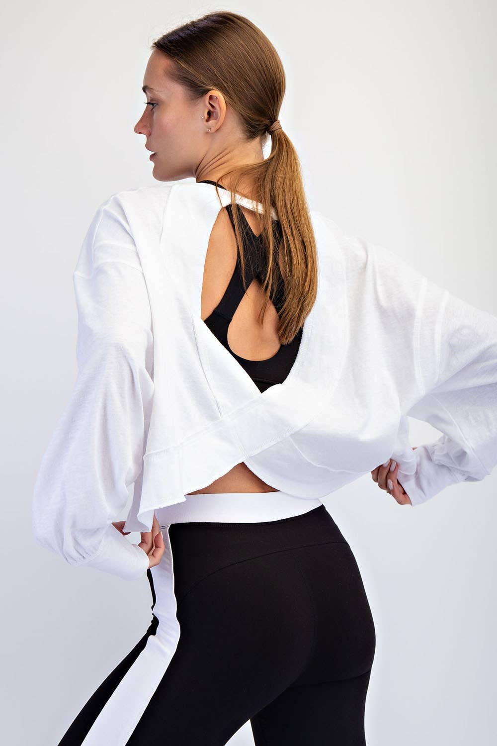 COTTON SLUB OPEN BACK LONG SLEEVE TOP