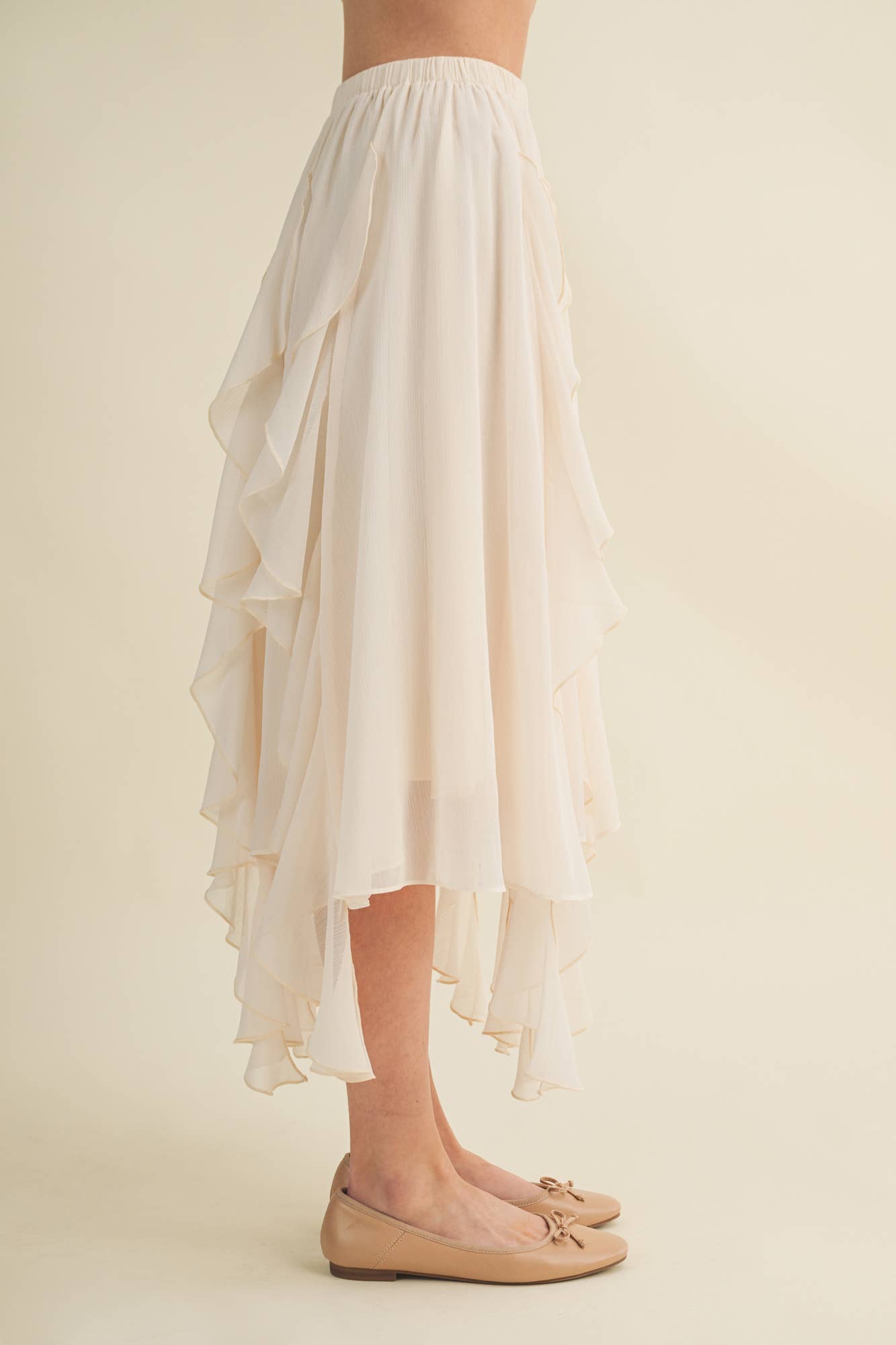 Asymmetrical Cascading Ruffle Midi Skirt