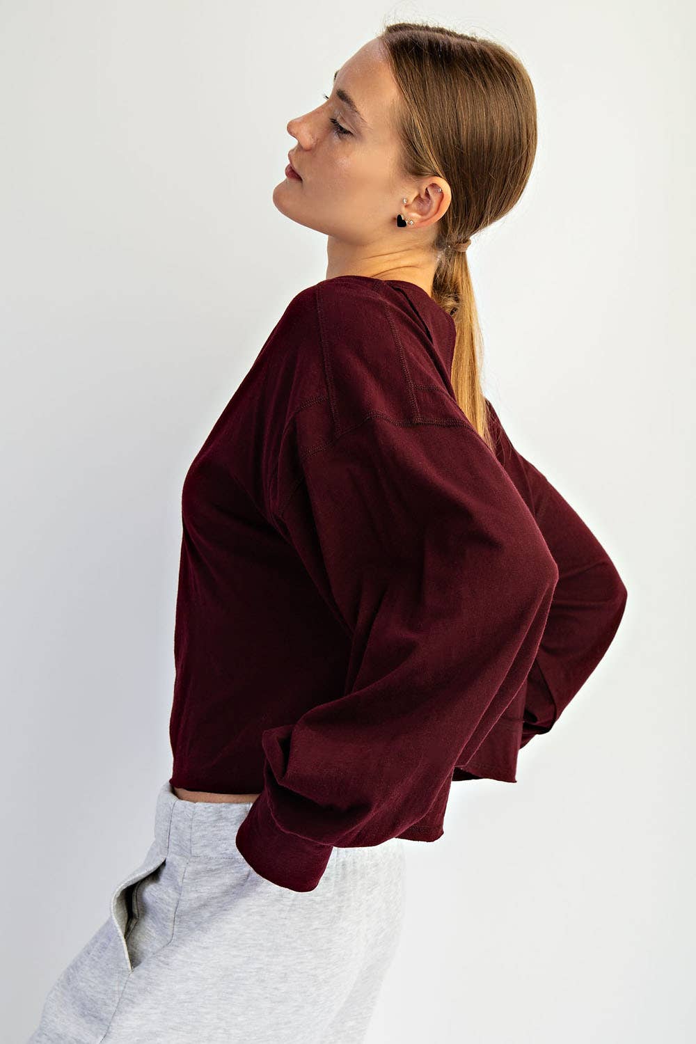 COTTON SLUB OPEN BACK LONG SLEEVE TOP