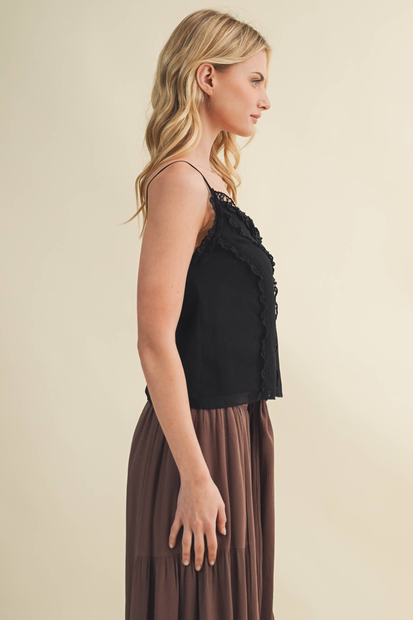 Sheer Ruffle Trim Button-Down Camisole