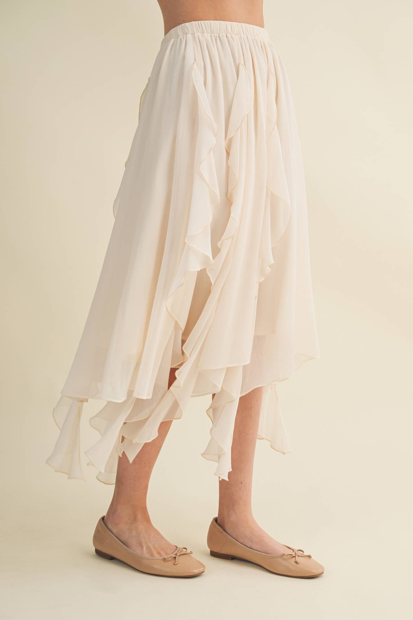 Asymmetrical Cascading Ruffle Midi Skirt