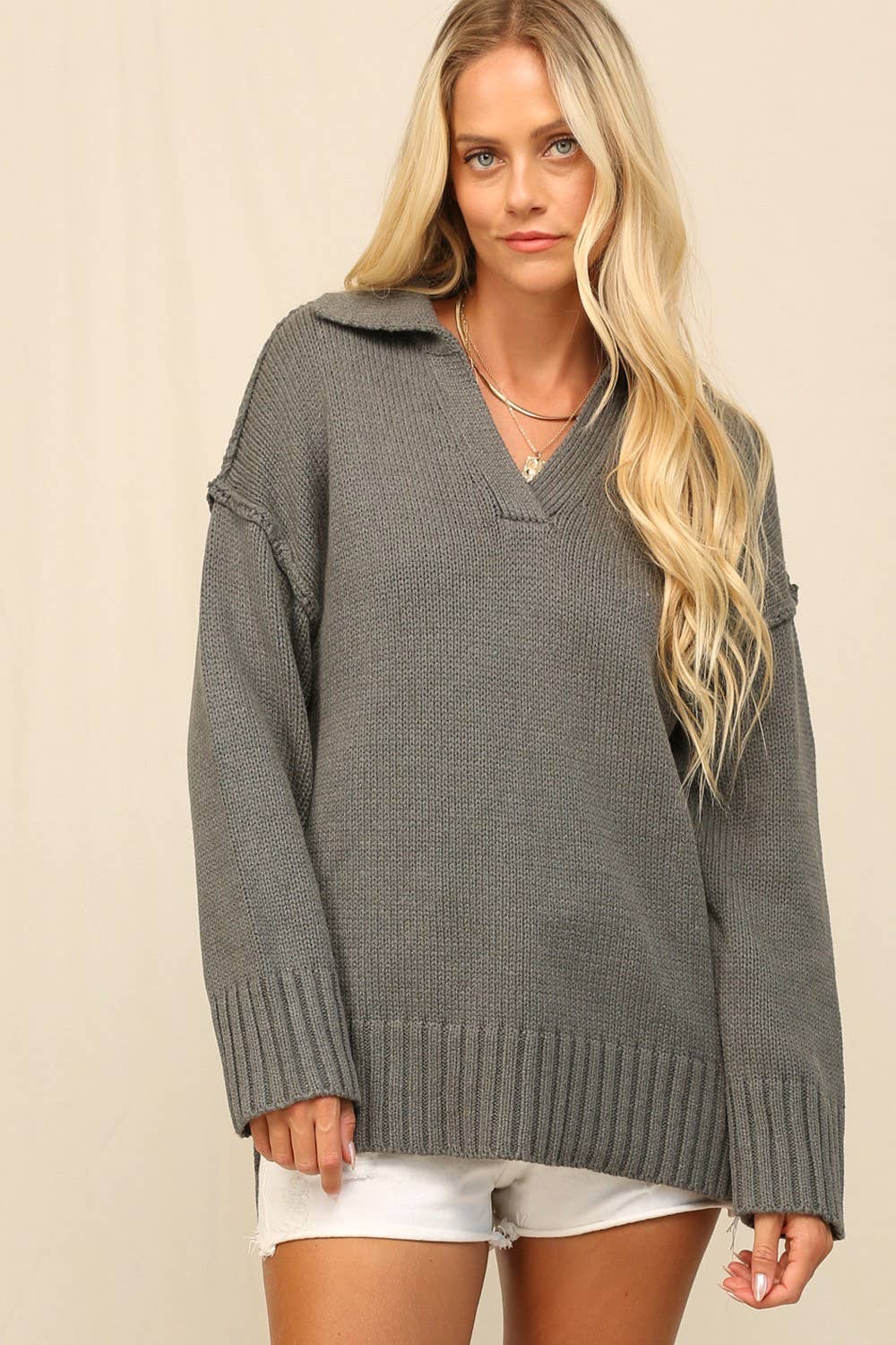 Dropped Shoulders Frame Collared Sweater