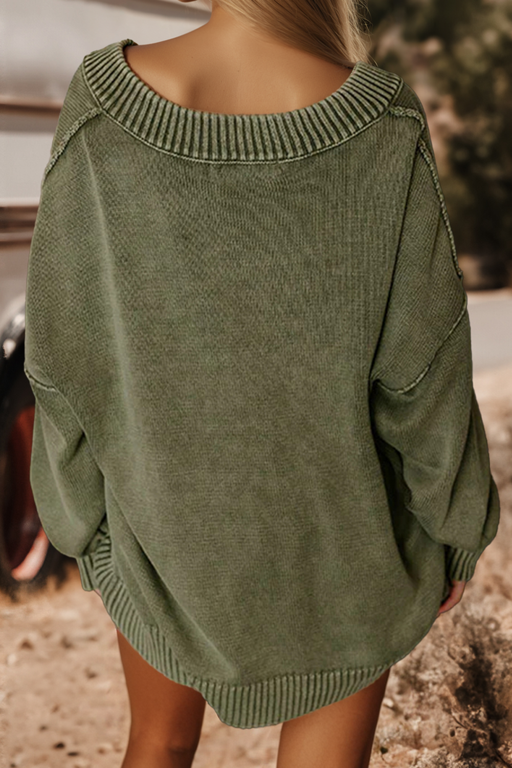 Mineral Wash Knit Exposed Seam Drop Shoulder Loose Sweater