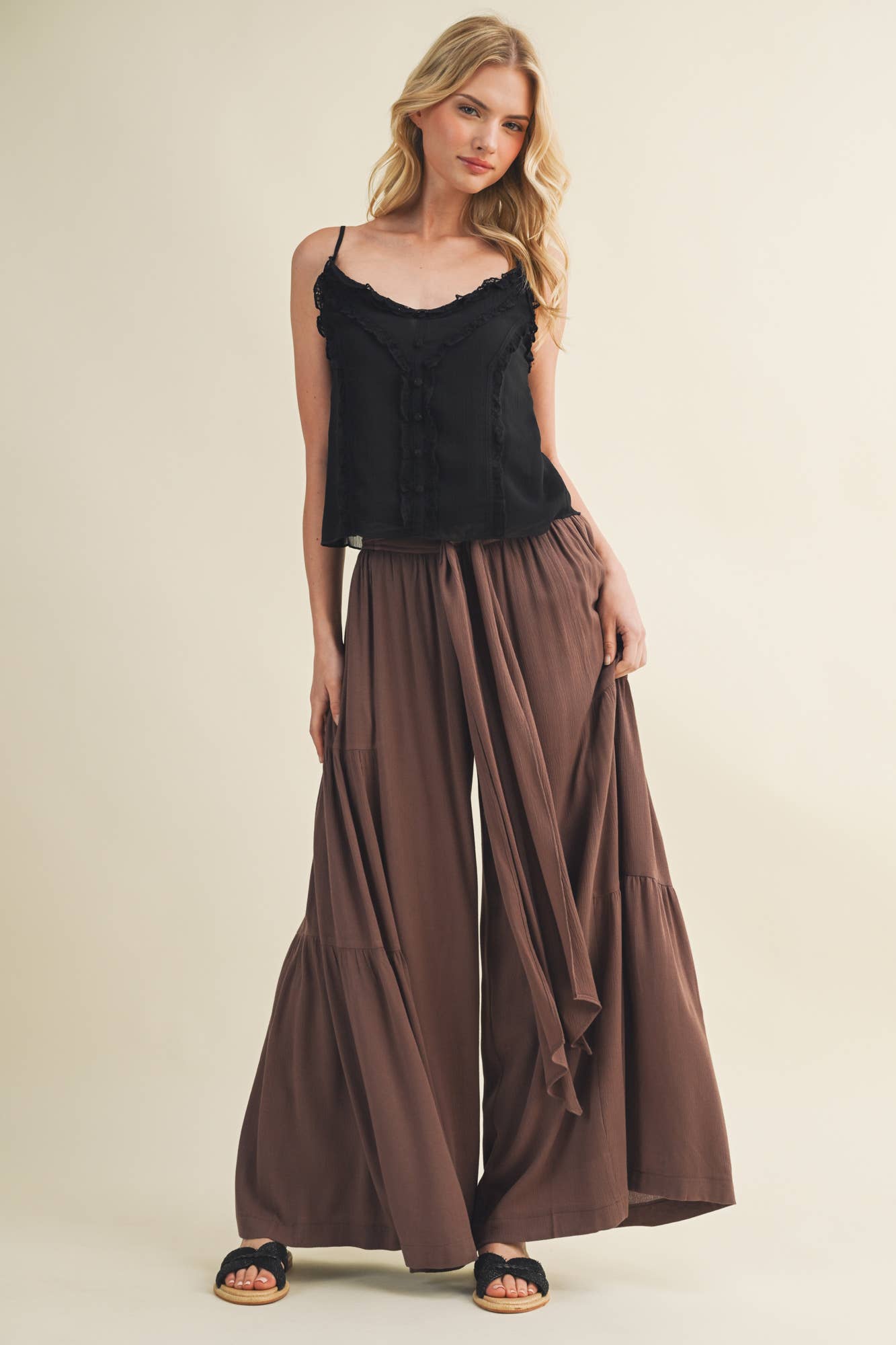 Sheer Ruffle Trim Button-Down Camisole