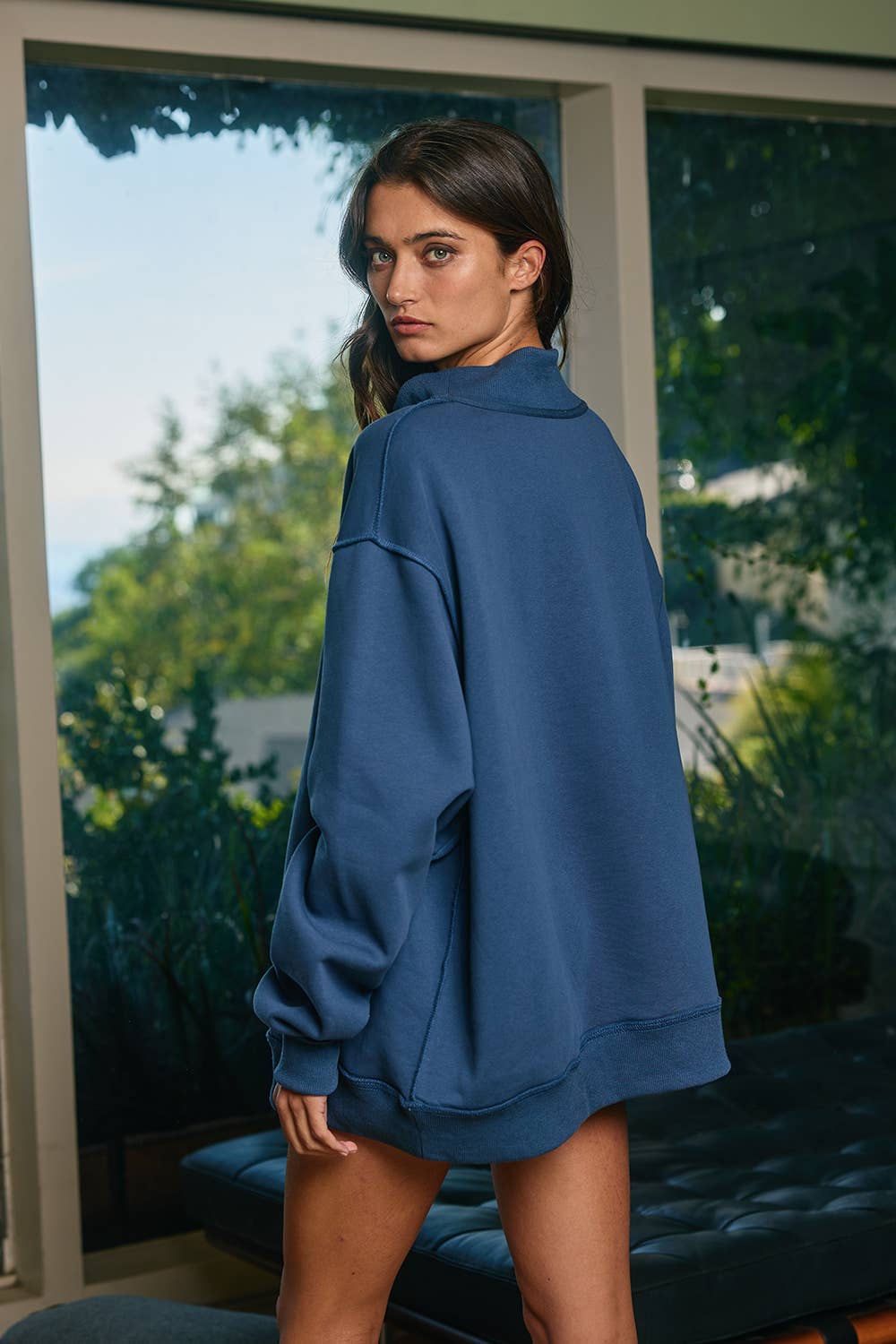 IT2594-BLANK1  Solid Reversible Mock Neck Sweatshirt Top