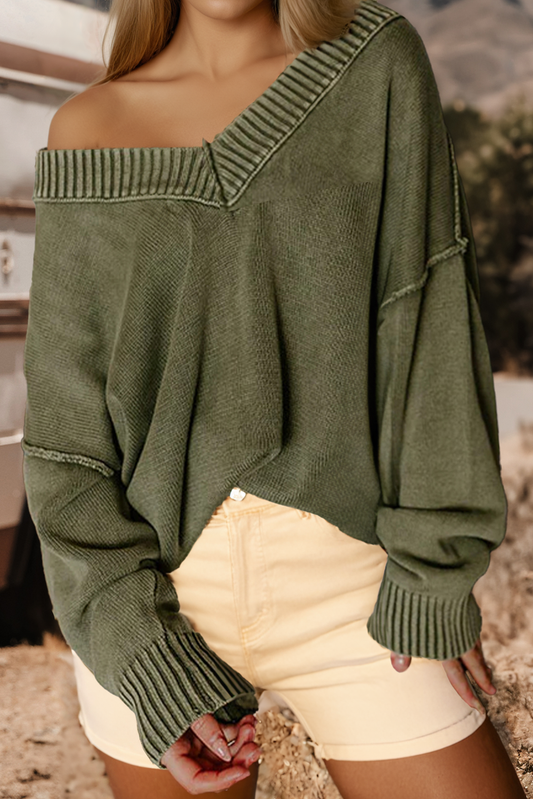 Mineral Wash Knit Exposed Seam Drop Shoulder Loose Sweater