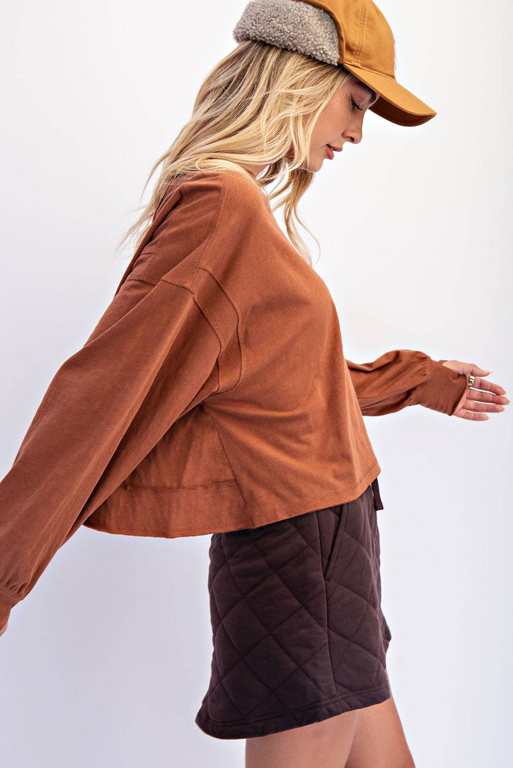 COTTON SLUB OPEN BACK LONG SLEEVE TOP