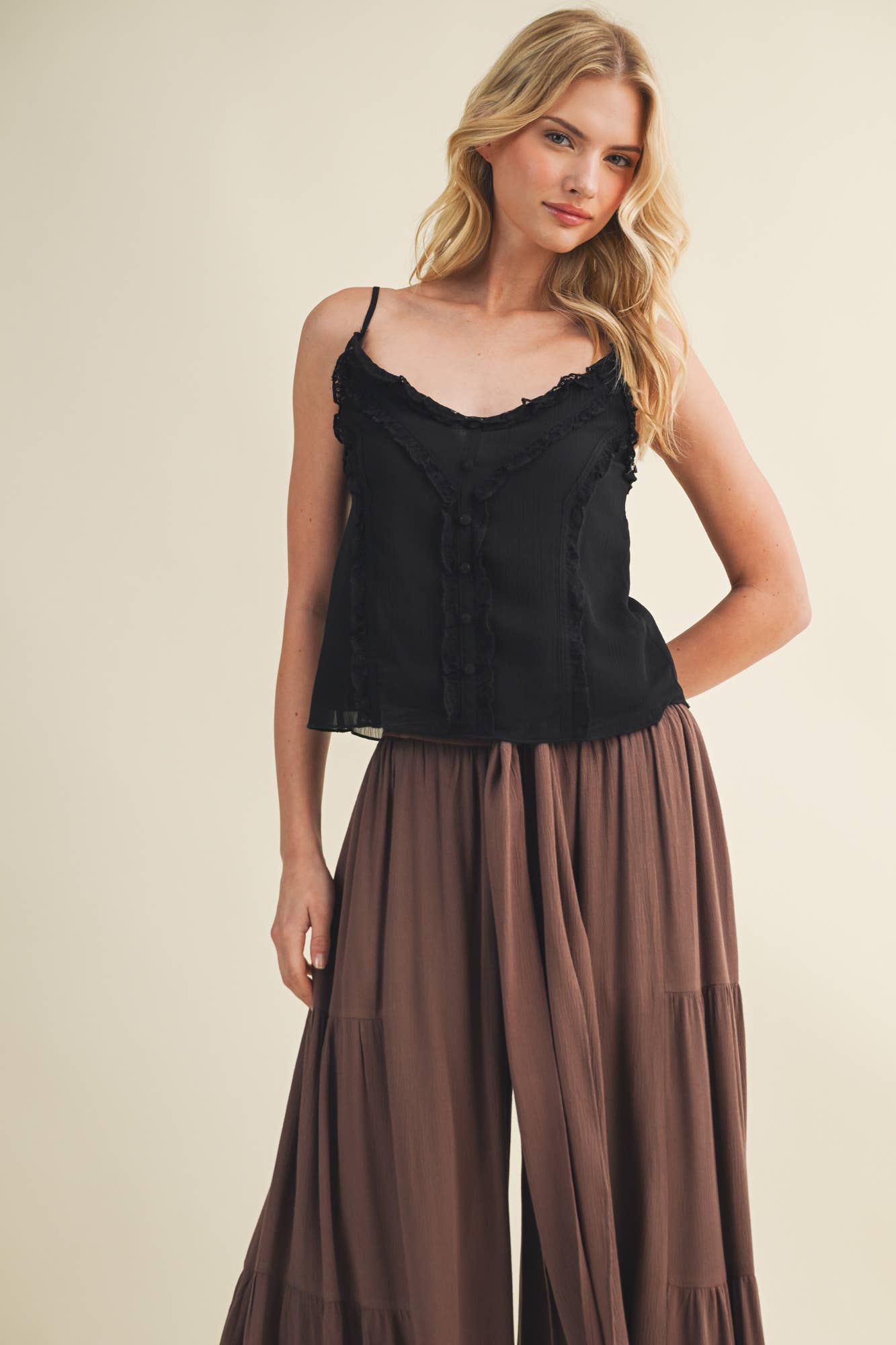 Sheer Ruffle Trim Button-Down Camisole