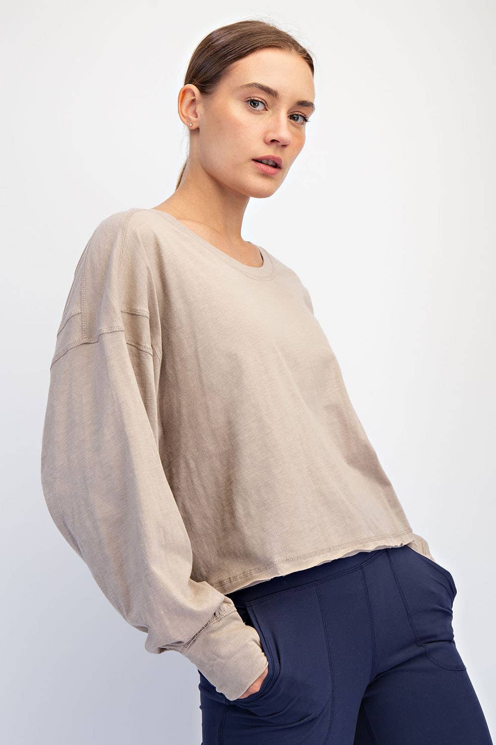 COTTON SLUB OPEN BACK LONG SLEEVE TOP
