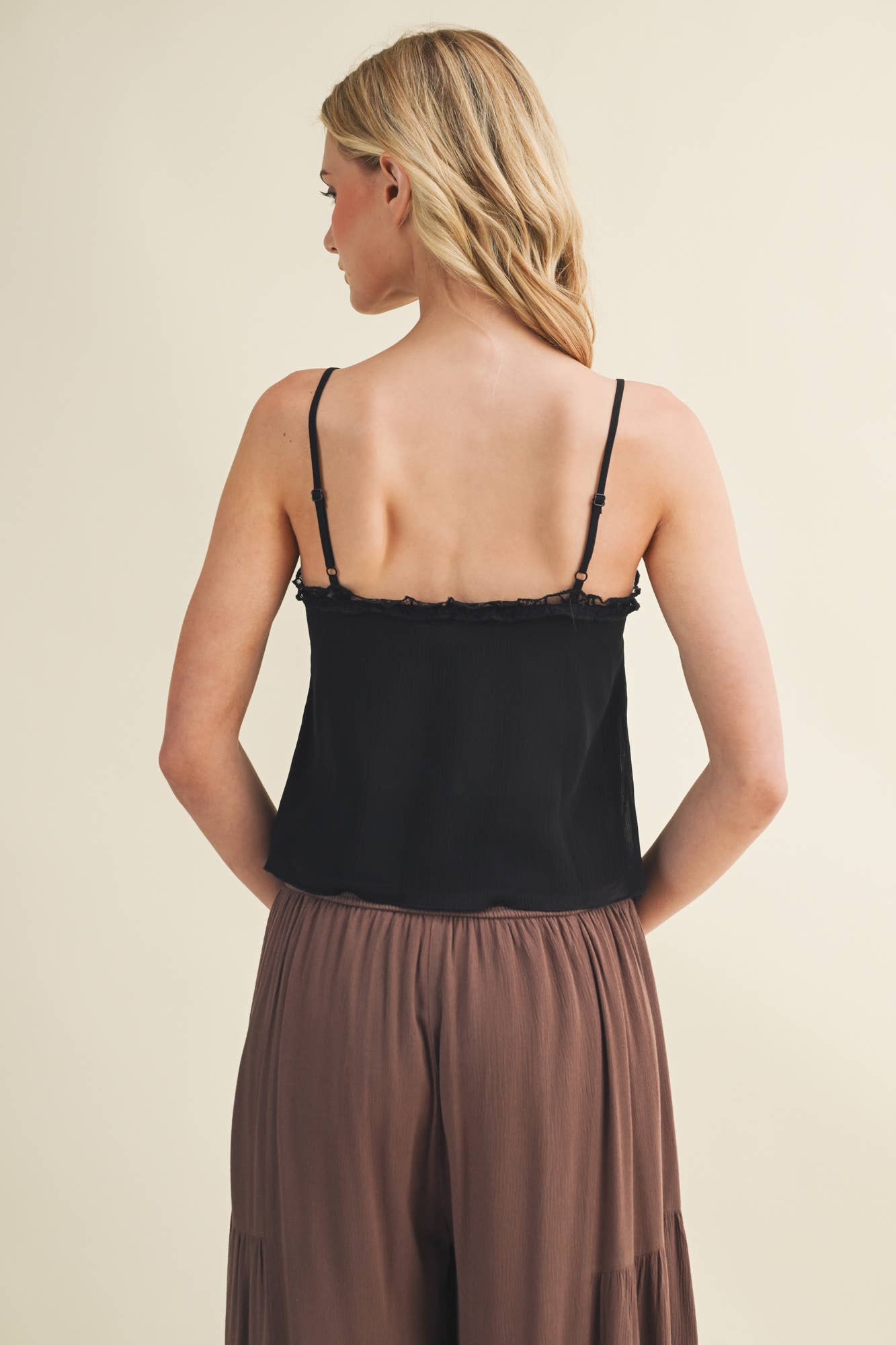Sheer Ruffle Trim Button-Down Camisole
