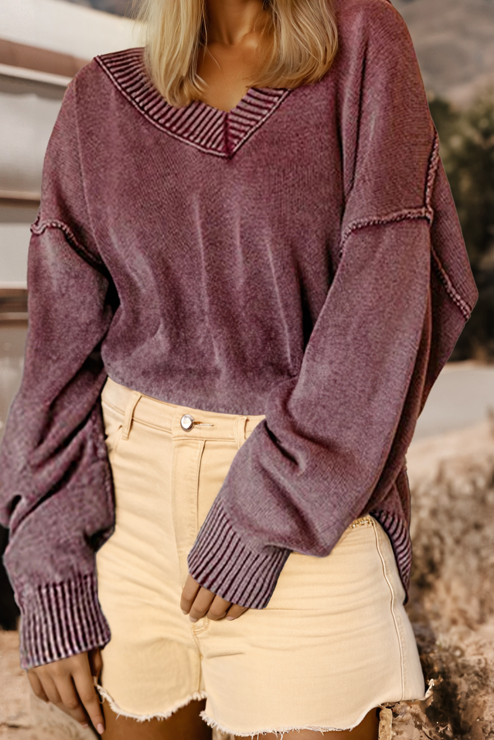 Mineral Wash Knit Exposed Seam Drop Shoulder Loose Sweater