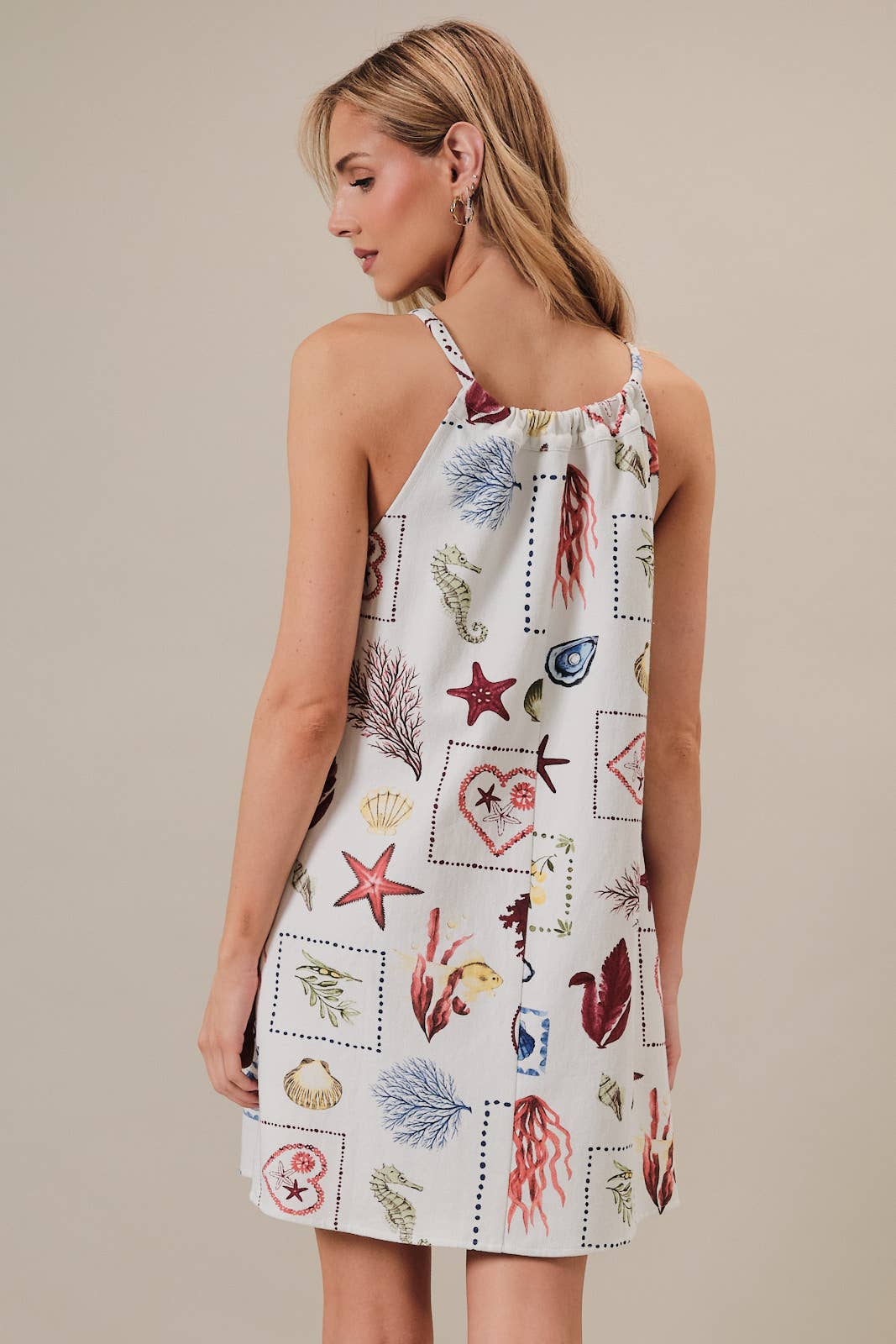 RUCHED SLEEVELESS DENIM TUNNELED TIE FRONT MINI DRESS