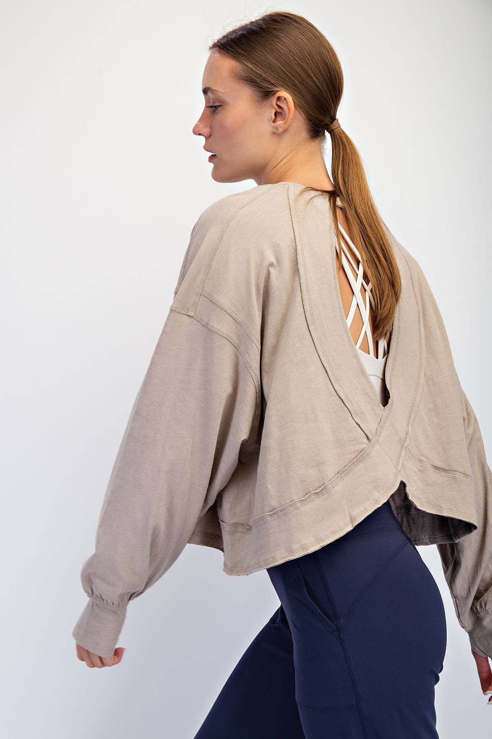 COTTON SLUB OPEN BACK LONG SLEEVE TOP