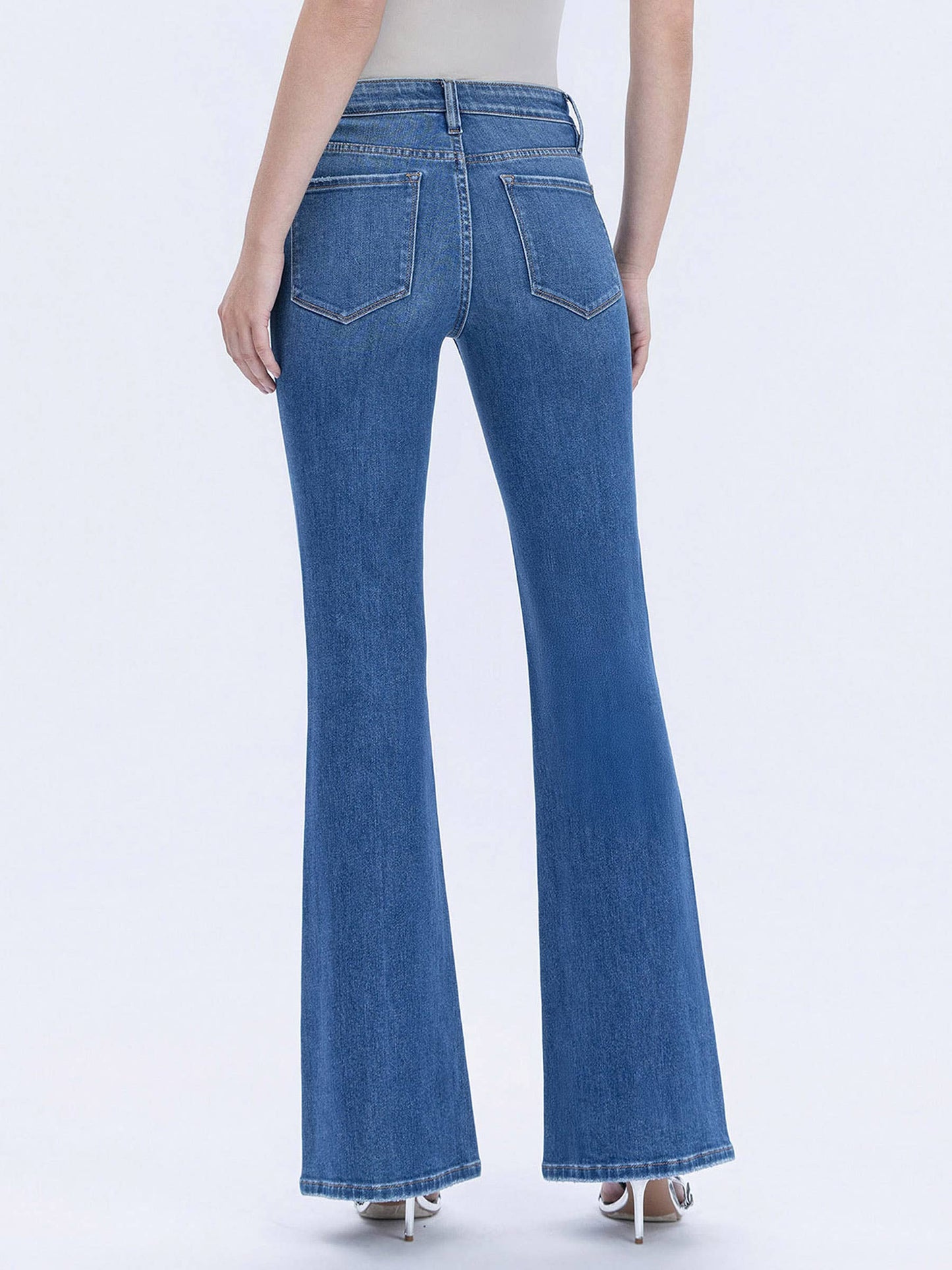 MID RISE WELT POCKET PIN TUCK FLARE JEANS