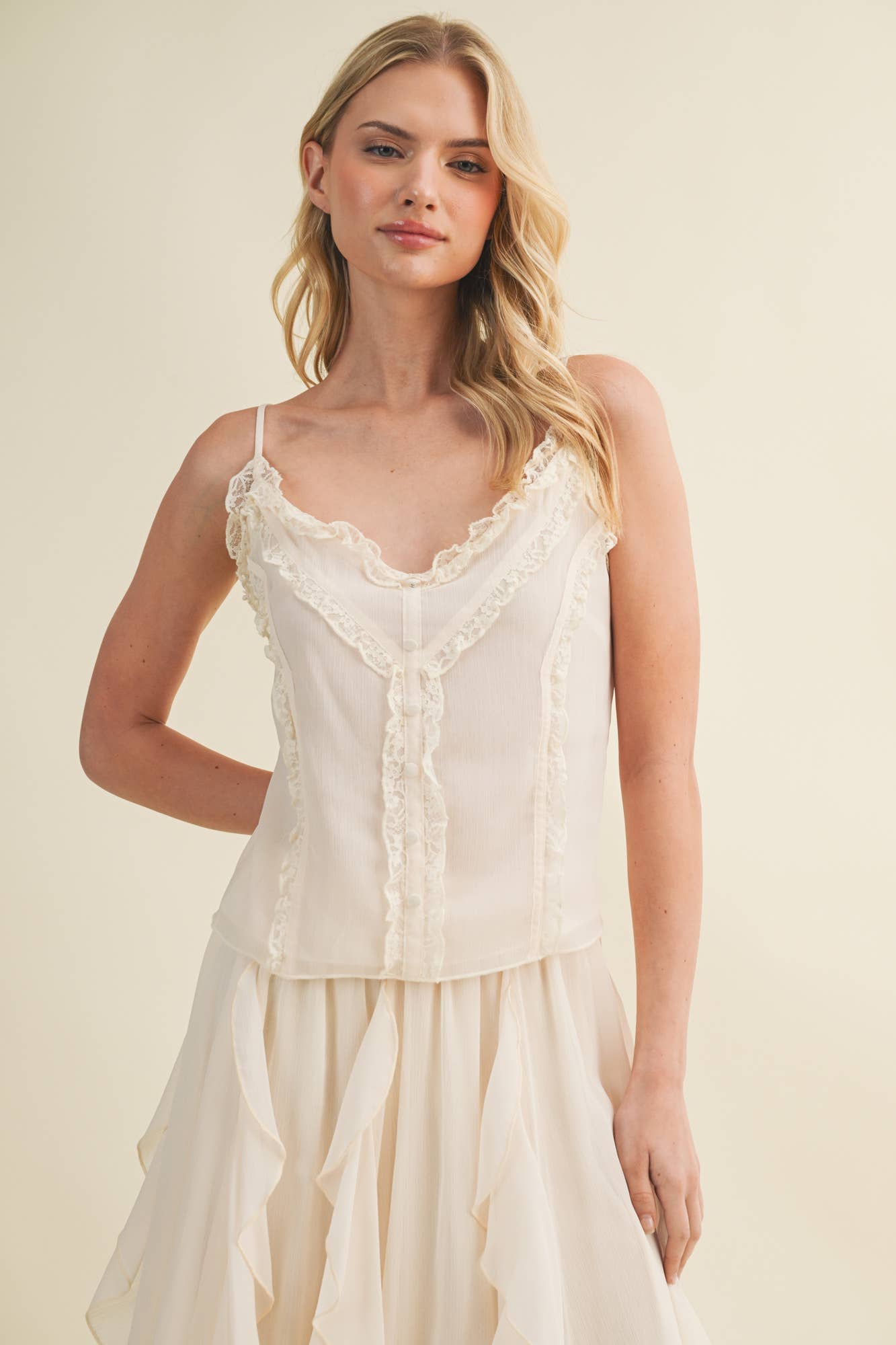 Sheer Ruffle Trim Button-Down Camisole