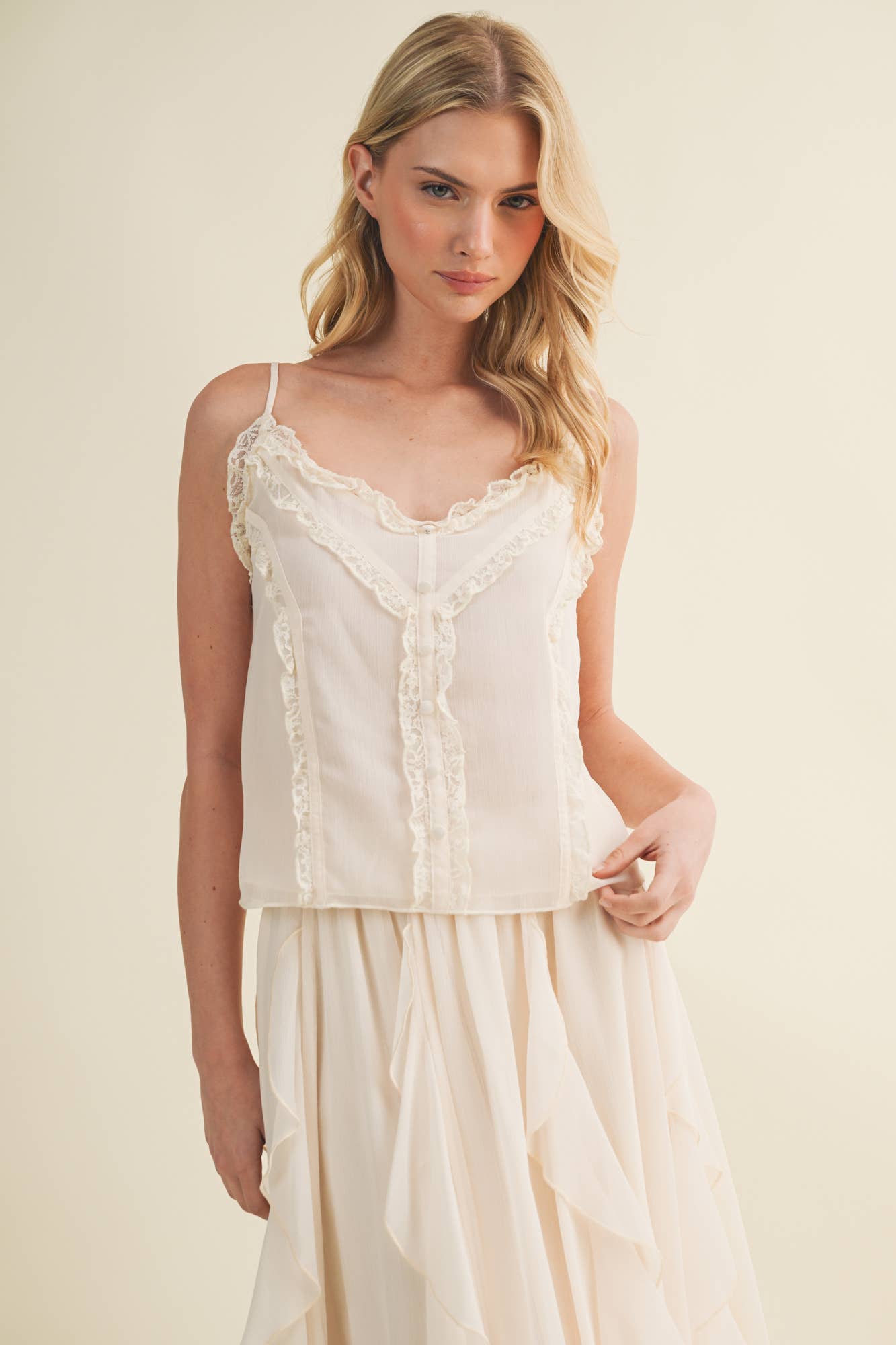 Sheer Ruffle Trim Button-Down Camisole