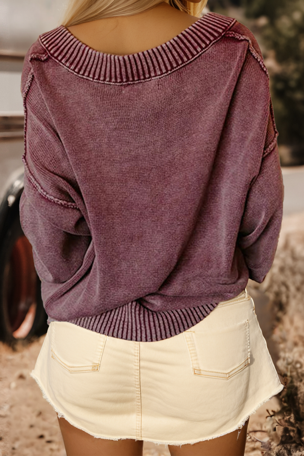 Mineral Wash Knit Exposed Seam Drop Shoulder Loose Sweater