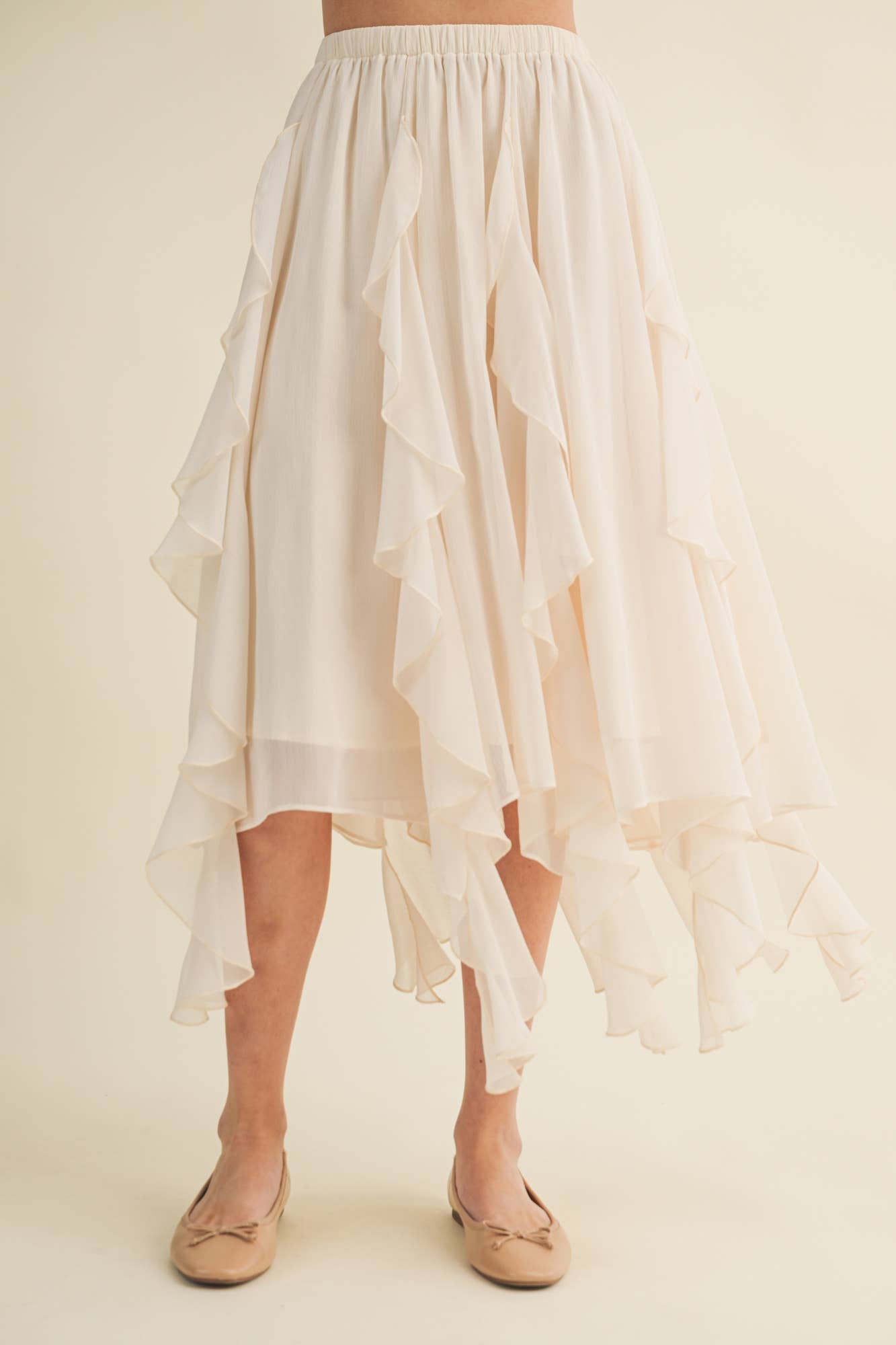 Asymmetrical Cascading Ruffle Midi Skirt