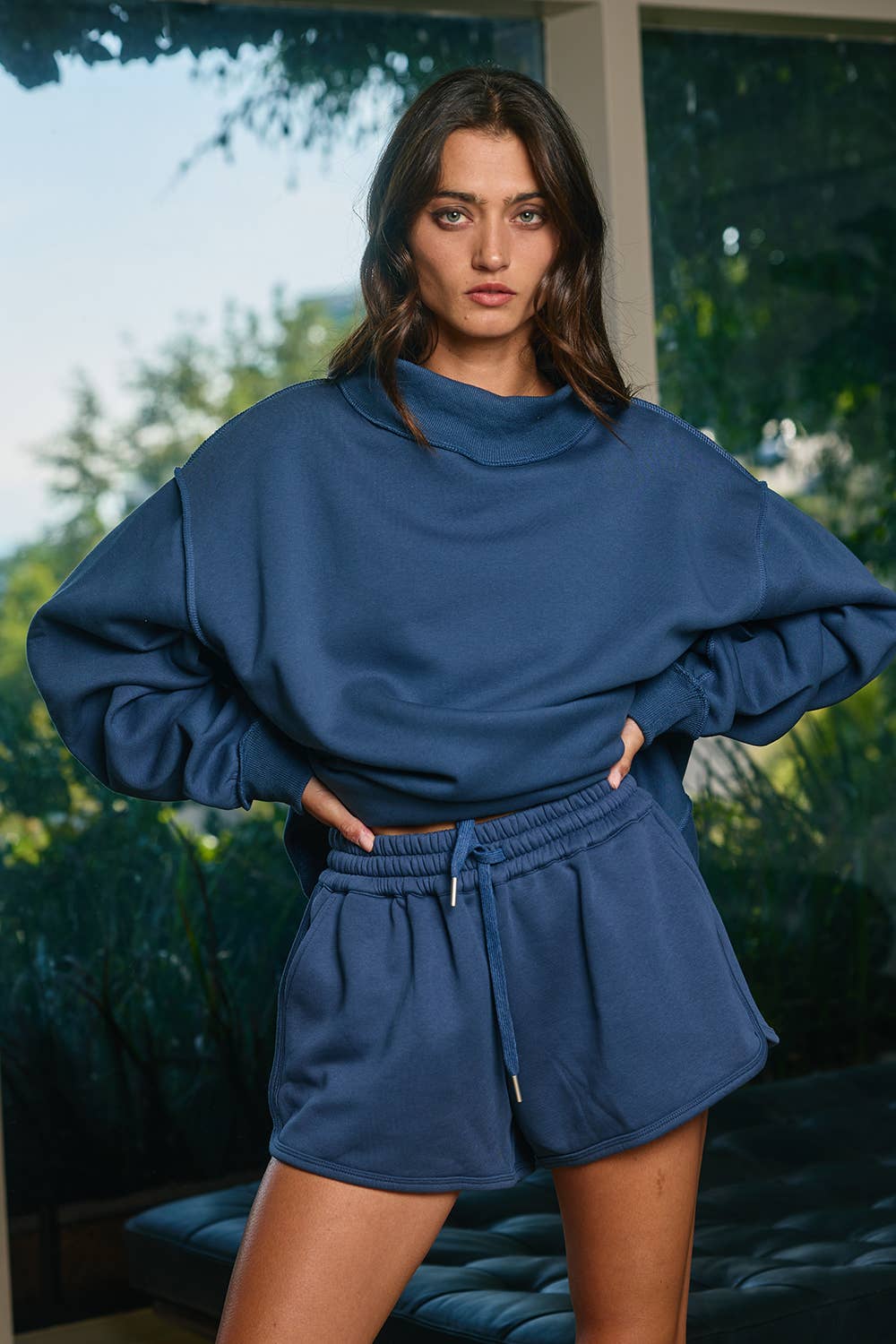 IT2594-BLANK1  Solid Reversible Mock Neck Sweatshirt Top