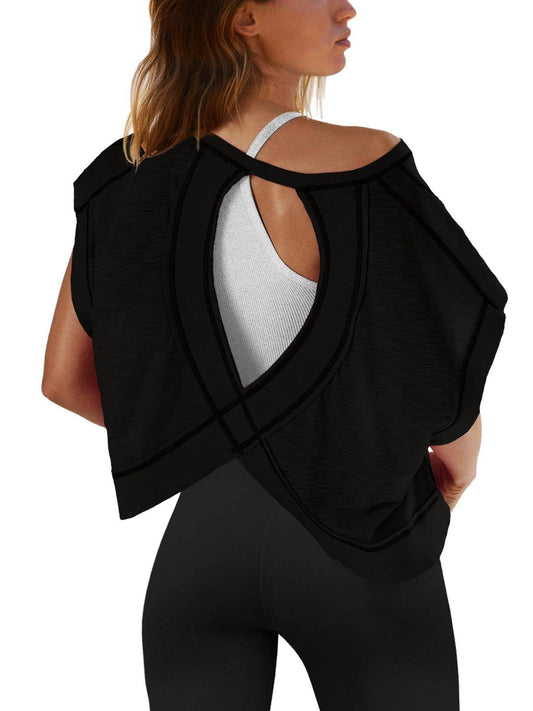 A Slouchy wrapped cutout back short sleeve workout tee top