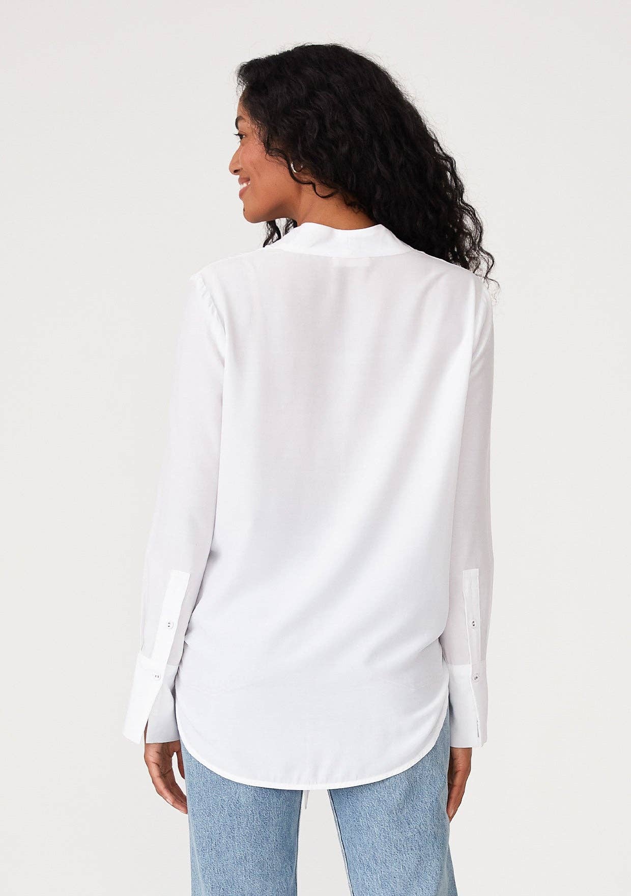 Long Sleeve V-Neck High Low Tie Front Blouse