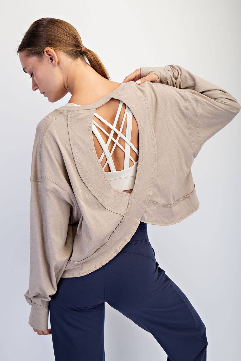 COTTON SLUB OPEN BACK LONG SLEEVE TOP