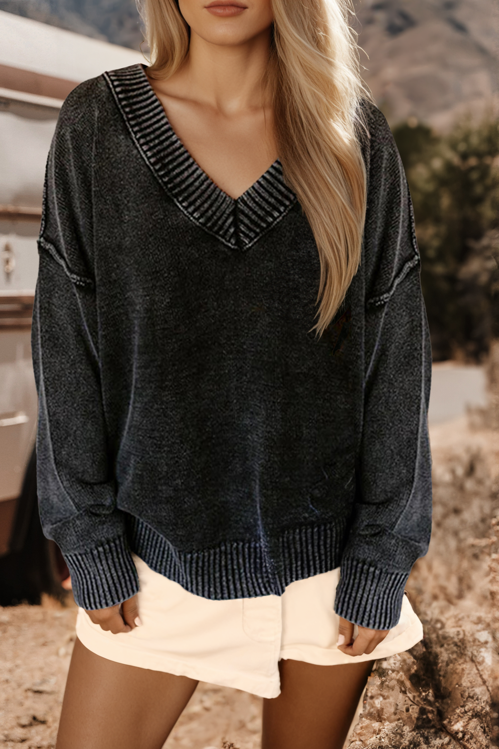Mineral Wash Knit Exposed Seam Drop Shoulder Loose Sweater