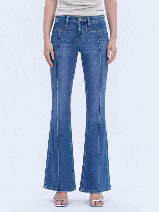 MID RISE WELT POCKET PIN TUCK FLARE JEANS