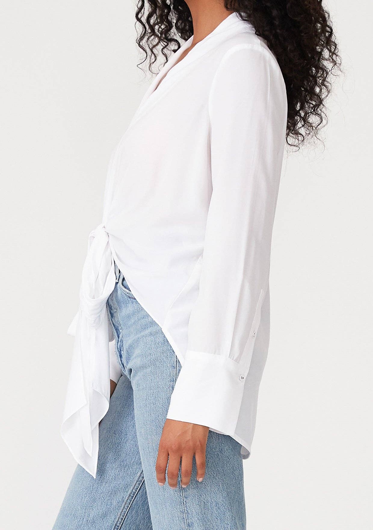 Long Sleeve V-Neck High Low Tie Front Blouse