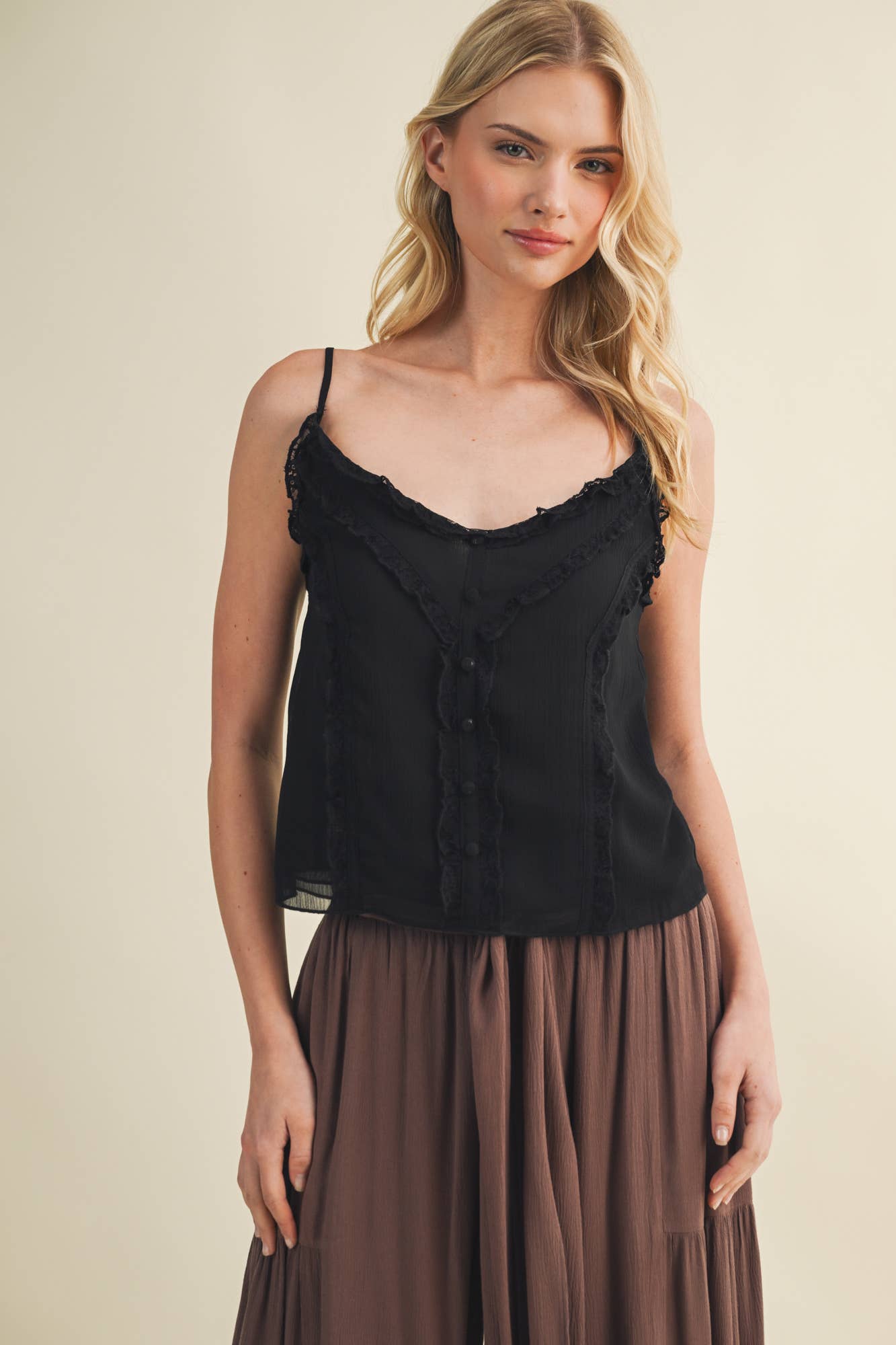 Sheer Ruffle Trim Button-Down Camisole